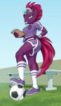  anthro anthrofied armband ball bottomwear broken_horn clipboard clothing dstears equid equine female footwear friendship_is_magic fur hair hasbro hat headgear headwear hi_res horn mammal my_little_pony my_little_pony:_the_movie_(2017) purple_body purple_fur purple_hair shoes shorts soccer_ball socks solo tempest_shadow_(mlp) unicorn visor_cap 