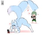  &lt;3 2021 absurd_res anthro anus blue_body blue_eyes blue_fur bottomwear breasts butt canid canine clothed clothed/nude clothed_male_nude_female clothing duo erection erection_under_clothing female fox fur genitals gesture green_hair hair halotroll hi_res jack-o&#039;_pose male mammal nude phone pink_nose pose pussy shirt shorts smile thumbs_up topwear white_body white_fur 
