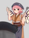  1girl absurdres animal_ears apron big_mouse bird_ears bird_wings blue_apron blue_headwear blush brown_eyes brown_kimono closed_mouth egg eighth_note fingernails grey_background head_scarf highres holding holding_egg japanese_clothes kimono musical_note musical_note_print mystia_lorelei okamisty pink_hair short_hair simple_background solo touhou white_wings wings 