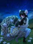  2018 anthro big_tail biped black_hair black_nose bottomwear chloe-dog clothed clothing cloud cuddling detailed_background digital_media_(artwork) dress duo ear_piercing felid female floral_dress flower flower_on_tail fully_clothed fur grass grey_body grey_fur hair hi_res leopard_spots long_hair male male/female mammal outside pantherine pants piercing pink_eyes pink_nose plant rodent shaded sky snow_leopard spots star starry_sky topwear torn_bottomwear torn_clothing torn_pants 