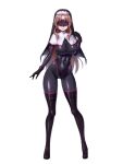  1girl ass_visible_through_thighs bangs black_bodysuit black_footwear black_gloves blindfold bodysuit boots breasts brown_hair capelet chain_paradox character_request cocytus_(wind_master) covered_eyes covered_navel full_body gloves habit impossible_bodysuit impossible_clothes large_breasts long_hair nun parted_bangs parted_lips simple_background smile solo standing thigh_boots transparent_background very_long_hair white_capelet 