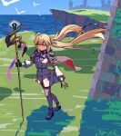  1girl ahoge artoria_caster_(fate) artoria_pendragon_(fate) bird blonde_hair blue_cape blue_eyes boots brown_gloves buttons cape castle day double-breasted dress english_commentary expressionless fate/grand_order fate_(series) gloves grass high_heel_boots high_heels highres holding holding_staff juliet_sleeves long_hair long_sleeves looking_at_viewer mandrew ocean outdoors ponytail puffy_long_sleeves puffy_sleeves purple_footwear ruins scenery seagull solo staff sunlight thighhighs water white_dress 
