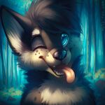  1:1 anthro black_nose blue_eyes bust_portrait canid fangs forest fur glistening glistening_eyes grey_body grey_fur grey_hair hair looking_at_viewer male mammal mylafox nude one_eye_closed open_mouth outside pink_tongue plant portrait short_hair solo text tongue tongue_out tree url 