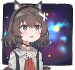  1girl animal_ear_fluff animal_ears bangs black_hairband blush brown_hair cat_ears cat_girl choker commentary daisy english_commentary eye_glitter flower grey_eyes hair_ornament hairband highres kurioshi_fio medium_hair meme open_mouth original satou_(3366_s) short_hair solo space space_cat_(meme) upper_body 