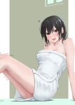  1girl bangs black_hair blush breasts cleavage commentary_request hair_between_eyes highres jouzaburou_(joe3) kantai_collection looking_at_viewer medium_breasts naked_towel open_mouth red_eyes short_hair simple_background sitting solo towel trembling wet wet_hair white_towel yamashiro_(kancolle) 