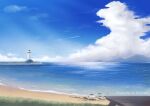  aircraft airplane artist_name beach blue_sky cloud commentary_request day highres hiro_(haruumi0120) lighthouse mountainous_horizon no_humans ocean original outdoors scenery shore sky water watermark 