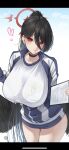  1girl black_choker black_hair black_wings blue_archive blue_jacket breasts choker clipboard feathered_wings gym_shirt gym_shorts gym_uniform halo hasumi_(blue_archive) hasumi_(gym_uniform)_(blue_archive) highres holding holding_clipboard jacket large_breasts large_wings long_hair low_wings mole mole_under_eye nanohana_(november.) official_alternate_costume partially_unzipped red_eyes shirt shorts sportswear track_jacket white_shirt wings 
