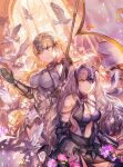  2girls architecture armor armored_dress bare_shoulders bird black_dress blonde_hair blue_eyes breasts chain church cleavage closed_mouth dove dress dual_persona fate/grand_order fate_(series) flag flower fur-trimmed_sleeves fur_trim gauntlets grey_hair hand_up headpiece indoors jeanne_d&#039;arc_(fate) jeanne_d&#039;arc_alter_(fate) large_breasts light_smile long_hair midriff multiple_girls navel petals pink_flower pink_rose rioka_(southern_blue_sky) rose rose_petals stomach yellow_eyes 