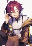  1boy ahoge alternate_costume bangs bespectacled black_hair brown_jacket genshin_impact glasses green_eyes hair_between_eyes hand_on_eyewear highres jacket long_sleeves looking_at_viewer male_focus mole mole_under_eye multicolored_hair off_shoulder one_eye_closed open_mouth red_hair shikanoin_heizou shirase_(shirose) shirt simple_background solo streaked_hair vision_(genshin_impact) white_background white_shirt 