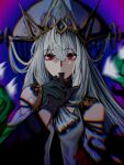  1girl 1other arknights bare_shoulders black_gloves doctor_(arknights) dress finger_sucking front_ponytail gloves grey_gloves grey_hair grey_headwear han_han_xiao_leng hat long_hair long_sleeves official_alternate_costume pov purple_background red_eyes simple_background skadi_(arknights) skadi_the_corrupting_heart_(arknights) skadi_the_corrupting_heart_(sublimation)_(arknights) solo_focus upper_body very_long_hair water white_dress yandere 