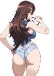  1girl ashiomi_masato ass blush breasts brown_eyes brown_hair cutoffs denim denim_shorts from_behind gundam gundam_00 hand_on_hip large_breasts long_hair looking_at_viewer looking_back shiny shiny_hair shiny_skin short_shorts shorts simple_background sleeveless solo standing sumeragi_lee_noriega white_background white_shorts 