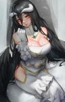  1girl absurdres albedo_(overlord) arm_support bangs bare_shoulders black_hair black_wings blush breasts cleavage dress feathered_wings hair_between_eyes highres horns large_breasts long_hair maoer_(sam51417) overlord_(maruyama) red_lips shiny shiny_hair shiny_skin sitting slit_pupils solo white_dress wings yellow_eyes 