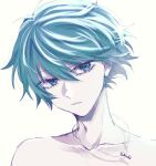  1boy aqua_eyes aqua_hair bangs closed_mouth collarbone hair_between_eyes head_tilt hiyori_sou jewelry key key_necklace kimi_ga_shine looking_at_viewer male_focus necklace portrait short_hair simple_background solo topless_male uououoon white_background 