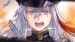  1girl 86_-eightysix- blood blue_jacket close-up explosion grey_eyes hat high_collar jacket long_hair looking_at_viewer military military_hat military_uniform red_hair shanabi0610 shouting solo uniform vladilena_millize 