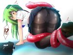  !? 1girl 2016 2021 all_fours ass bag black_footwear black_skirt brown_pantyhose clenched_teeth grey_hair honehone kochiya_sanae long_hair looking_back panties panties_under_pantyhose pantyhose pleated_skirt restrained school_bag school_uniform serafuku shirt shoes short_sleeves skirt speech_bubble surprised teeth tentacle_grab touhou underwear white_panties white_shirt worm yellow_eyes 