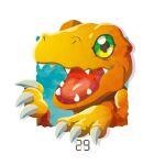  agumon black_eyes claws colored_sclera digimon digimon_(creature) green_sclera grey_background no_humans numbered open_mouth sharp_teeth solo teeth yam_retsu 