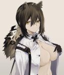  animal_ears areola_slip arknights black_gloves breasts brown_hair cleavage closed_mouth empty_eyes gloves grey_background highres kyousuzu large_breasts long_hair long_sleeves looking_at_viewer low_ponytail naked_shirt no_bra polka_dot polka_dot_shirt ponytail ringed_eyes robin_(arknights) shirt simple_background undressing upper_body white_shirt yellow_eyes 