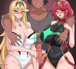  1boy 2girls :d bangs black_hair black_one-piece_swimsuit black_shirt blonde_hair blush bottomless breast_grab breasts censored chest_jewel choker circlet cleavage closed_mouth competition_swimsuit covered_navel dark-skinned_male dark_skin erection grabbing grin handjob hella_p large_breasts long_hair looking_at_viewer mosaic_censoring multiple_girls mythra_(radiant_beach)_(xenoblade) mythra_(xenoblade) netorare one-piece_swimsuit open_mouth penis pyra_(pro_swimmer)_(xenoblade) pyra_(xenoblade) red_eyes red_hair shirt short_sleeves smile swimsuit teeth thick_thighs thighs white_choker white_one-piece_swimsuit xenoblade_chronicles_(series) xenoblade_chronicles_2 yellow_eyes 
