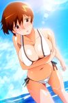  1girl areola_slip arm_under_breasts bangs bikini blush breasts brown_eyes brown_hair day dutch_angle facing_viewer large_breasts lens_flare navel nipples non-web_source official_art open_mouth outdoors photoshop_(medium) short_hair side-tie_bikini_bottom solo standing super_real_mahjong swimsuit tanaka_ryou toyohara_etsuko water white_bikini 
