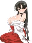  1girl bangs bare_shoulders blush breasts brown_eyes brown_hair cleavage collarbone hakama iwato_kasumi japanese_clothes kimono large_breasts loliconder long_hair long_sleeves looking_at_viewer low-tied_long_hair miko off_shoulder red_hakama saki simple_background smile solo white_background white_kimono wide_sleeves 