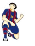  1boy black_hair captain_tsubasa highres male_focus non-web_source oozora_tsubasa shorts simple_background smile soccer soccer_uniform solo sportswear 