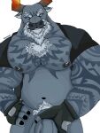  anthro beard blue_eyes bovid bovine cattle clothing dislyte djoser_(dislyte) eyebrows facial_hair fingerless_gloves gloves handwear hi_res horn kumatorapolar male mammal nipples pecs pubes shirt solo tattoo topwear white_beard white_eyebrows white_pubes 