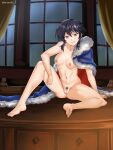  1girl absurdres atramada barefoot black_hair breasts cape chest_of_drawers commission commissioner_upload female_pubic_hair fire_emblem fire_emblem:_genealogy_of_the_holy_war fire_emblem_heroes highres larcei_(fire_emblem) living_room navel nipples nude pubic_hair pussy short_hair sitting smile solo tomboy 