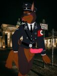  absurd_res anthro armband bad_foxs balls bodily_fluids bottomless bottomwear bottomwear_down canid canine canis clothed clothing cum dobermann domestic_dog erection erection_under_clothing ernst ernst_(doberman) feet genital_fluids genitals german germany hi_res male male/male mammal nazi nazi_armband nazi_uniform necktie pants pants_down partially_clothed penile penis pinscher solo ss tongue tongue_out uniform 