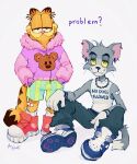  2boys animal_ears animal_nose aqua_shorts artist_name bandaid bandaid_on_knee bandaid_on_leg bandaid_on_shoulder black_eyes body_fur cat_boy cat_ears cat_tail character_print closed_mouth clothes_writing colored_sclera commentary ear_piercing earrings english_commentary english_text fur_trim furry furry_male garfield garfield_(character) green_eyes green_shorts grey_background grey_fur half-closed_eyes high_tops highres hood hoodie jacket jewelry long_sleeves looking_at_viewer multiple_boys orange_fur p0nyplanet pants piercing pink_hoodie platform_footwear pooky_(garfield) red_footwear shirt shoelaces shoes shorts signature simple_background sitting sleeveless smile sneakers socks standing striped striped_shorts tail thick_eyebrows tom_(tom_and_jerry) tom_and_jerry whiskers yellow_sclera 