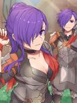  1boy 1girl armor asymmetrical_clothes bangs breasts cape choker cleavage closed_mouth dual_persona fire_emblem fire_emblem:_three_houses fire_emblem_warriors:_three_hopes gloves hair_bun hair_over_one_eye highres large_breasts long_hair looking_at_viewer medium_breasts purple_eyes purple_hair sanoyo_fe shez_(fire_emblem) shez_(fire_emblem)_(female) shez_(fire_emblem)_(male) simple_background single_hair_bun smile sword weapon 