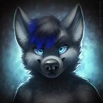  1:1 abstract_background anthro black_hair blue_eyes blue_hair bust_portrait canid cheek_tuft facial_tuft fangs front_view fur glistening glistening_eyes grey_body grey_fur hair looking_at_viewer male mammal mouth_closed mylafox neck_tuft nude portrait solo text tuft url 