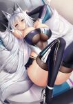  1girl absurdres animal_ears arms_behind_back arms_up azur_lane breasts cleavage elbow_gloves fox_ears fox_girl fox_tail gavin007 gloves high_heels highres kitsune knees_up kyuubi large_breasts long_hair lying microskirt multiple_tails official_alternate_costume on_back on_vehicle panty_straps purple_eyes race_queen shinano_(azur_lane) shinano_(moonlit_chrome)_(azur_lane) skirt tail text_print thighhighs very_long_hair white_hair white_tail 