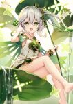  1girl :d aranara_(genshin_impact) backlighting bangs bare_shoulders barefoot commentary_request cross-shaped_pupils day dress feet_out_of_frame genshin_impact gradient_hair green_eyes green_hair grey_hair hair_between_eyes highres holding holding_leaf leaf leaf_umbrella looking_at_viewer multicolored_hair nahida_(genshin_impact) off-shoulder_dress off_shoulder outdoors panties pointy_ears side_ponytail sitting smile soles solo_focus transparent underwear water waterfall white_dress white_panties yan_(nicknikg) 
