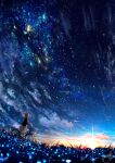  1girl amatsuki_rei bicycle black_shirt blue_sky cloud cloudy_sky fantasy field galaxy glowing grass ground_vehicle highres long_sleeves night night_sky orange_hair original outdoors scenery shirt short_hair sky solo standing star_(sky) starry_sky sunlight sunrise 