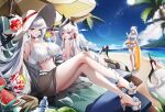  1girl 3girls absurdres all_fours ass beach bird black_sarong blue_eyes blue_sky breasts crane_(animal) feet flower full_body grey_hair hat hat_flower high_heels highres innertube large_breasts legs long_hair looking_at_viewer multiple_girls ocean open_mouth original palm_tree parfait red_eyes red_flower sand sarong see-through see-through_sarong sky standing stomach sun_hat swimsuit thighs tree tsuru_ai_momono very_long_hair water white_hair white_headwear yellow_innertube 