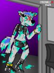  agent_8_(splatoon) anthro canid canine canis clothed clothing crossdressing cyberwolfjv exhausted footwear high_heels ink leather leather_clothing male mammal nintendo solo splatoon splatoon_(series) tight_clothing video_games wet wet_body wolf 