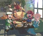  1girl 3boys blonde_hair blue_eyes bowser bracelet breasts brown_hair crown cup dress earrings facial_hair food gloves hair_over_one_eye hat holding holding_cup holding_food holding_pizza horns hoshikuzu_pan indoors jewelry long_hair luigi mario mario_(series) mario_bros. medium_breasts multiple_boys mustache new_super_mario_bros._u_deluxe nintendo open_mouth overalls pizza plumber restaurant rosalina sitting smile spiked_bracelet spikes star_(symbol) star_earrings table teeth white_gloves wooden_floor 