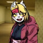  anthro asian_clothing blonde_hair blush clothing coat east_asian_clothing felid feline female fuseadrift hair happy japanese_clothing liminal_spaces mammal meowers topwear yellow_eyes yukata 