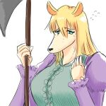 anthro axe battle_axe blonde_hair bodily_fluids canid canine canis clothed clothed_female clothing domestic_dog embarrassed female green_eyes hair hi_res hunting_dog kemofujin kemofujin_(comic) long_hair mammal melee_weapon nervous solo sweat sweatdrop tagme upper_body weapon wnisef2 