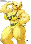  absurd_res anthro breasts cleavage clothed clothing female generation_1_pokemon hi_res legendary_pokemon murazaki muscular muscular_female nintendo pokemon pokemon_(species) simple_background solo thick_thighs video_games white_background yellow_body zapdos 