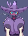  areola big_areola big_breasts blush breast_grab breast_groping breast_out breast_squish breasts cleavage clothed clothing dialogue facial_scar female french_text gem generation_4_pokemon ghost hand_on_breast hat headgear headwear hi_res holding_breast huge_breasts humanoid jewelry lips looking_at_viewer mismagius mostly_nude naomi_(r-mk) nintendo nipples offscreen_character offscreen_female partially_clothed pokemon pokemon_(species) r-mk scar spirit squish text video_games 