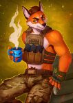  ammo_belt anthro armpit_hair athletic athletic_anthro athletic_male banana_magazine belt belt_buckle beverage biped black_nose body_hair bulletproof_vest canid canine clothing container cup cyrillic_text dimtarius fingerless_gloves fox fur gloves green_eyes hair handwear head_turned hi_res holding_cup holding_object holding_tea_cup hot_beverage khaki_pants looking_at_viewer male mammal midriff military military_pants multicolored_body multicolored_fur narrowed_eyes prick_ears pubes pupils red_body red_fur simple_background sitting slit_pupils smile smirk solo tagme tea_cup text translated two_tone_body two_tone_fur ukrainian_text white_body white_fur white_inner_ear yellow_background 
