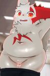  anthro belly blush bottomwear bottomwear_down chubby_anthro clothed clothing fupa fur generation_3_pokemon hands_behind_head hi_res looking_at_viewer navel nintendo olient pants pants_down partially_clothed pokemon pokemon_(species) solo video_games white_body white_fur yellow_eyes zangoose 