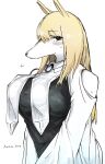  absurd_res anthro ayataka_bomb blonde_hair blush bodily_fluids breasts canid canine canis clothing domestic_dog female fur hair hi_res kemofujin kemofujin_(comic) long_hair looking_at_viewer mammal side_boob side_view smile solo sweat tagme white_body white_fur 