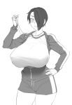  1girl blush breasts cosplay gigantic_breasts gym_shorts gym_uniform hair_over_one_eye hand_on_hip hasumi_(blue_archive) hasumi_(gym_uniform)_(blue_archive) highres jacket open_mouth original saya_(twrlare) short_hair shorts sketch smile thighs twrlare whistle 
