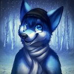  1:1 anthro black_beanie black_nose blue_body blue_eyes blue_fur blue_hair bust_portrait canid fangs forest fur glistening glistening_eyes glistening_nose grass hair happy looking_at_viewer male mammal mylafox open_mouth outside plant portrait scarf snow snowing solo text tree url white_body white_fur white_scarf 