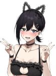  1girl absurdres animal_ears bangs bell black_eyes black_hair black_nails blush breasts chainsaw_man choker clothing_cutout crop_top fake_animal_ears feint721 frills hair_ornament hair_ribbon hairclip higashiyama_kobeni highres jingle_bell looking_at_viewer mole mole_under_eye mole_under_mouth open_mouth ribbon short_hair short_ponytail solo sweat upper_body v white_background wristband 