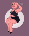  absurd_res anthro butt clothed clothing curvaceous curvy_figure digital_media_(artwork) domestic_pig english_text female green_eyes hi_res mammal pink_body pink_nose rodd.y simple_background smile solo suid suina sus_(pig) text thick_thighs topwear voluptuous wide_hips 