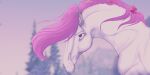  accessory ambiguous_gender bow_ribbon digital_media_(artwork) equid equine farogon feral hair hair_accessory hair_bow hair_ribbon horse looking_away looking_up mammal mane peach_(wasen) pink_hair pink_mane plant ribbons solo tree white_body 