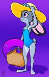  2020 anthro big_ears big_hat blue_eyes claws clothed clothing countershade_face countershade_torso countershading disney female flat_chested flower_accessory grey_body hi_res holding_bag judy_hopps lagomorph leporid lichfang looking_away looking_up mammal one-piece_swimsuit pink_nose plantigrade rabbit scut_tail short_tail simple_background smile solo standing swimwear toe_claws zootopia 